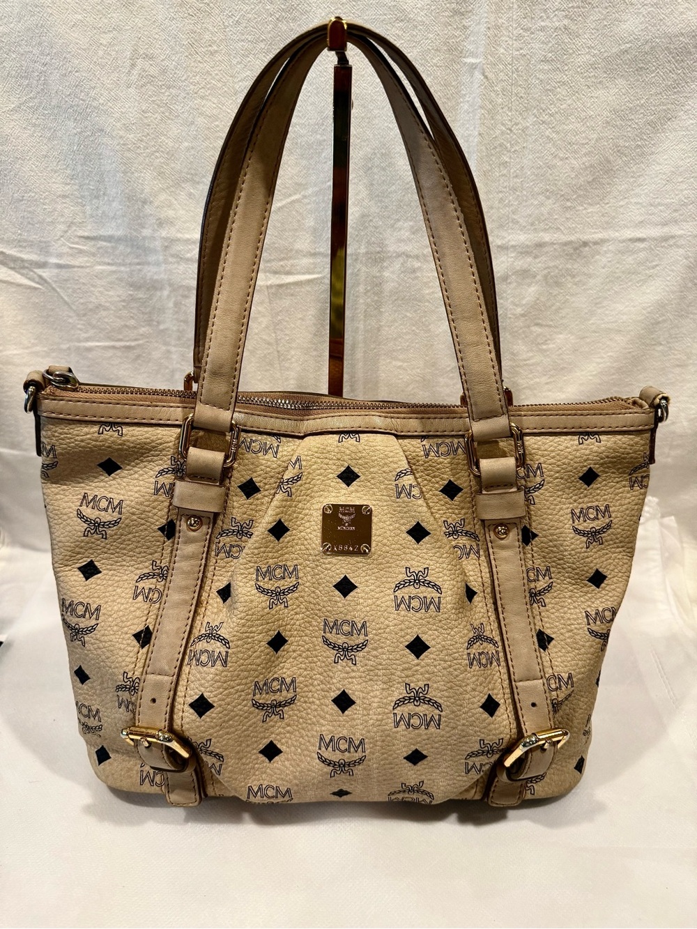 Authentic Vintage MCM Visetos Monogram Tote Bag In Beige Coated Canvas